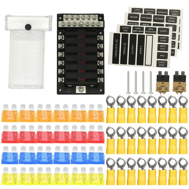 12-Way Fuse Box Blade Fuse Block Holder Screw Nut Terminal W//Negative Bus 5A 10A 15A 20A Free Fuses LED Indicator Waterpoof Cover for Automotive Car Marine Boat